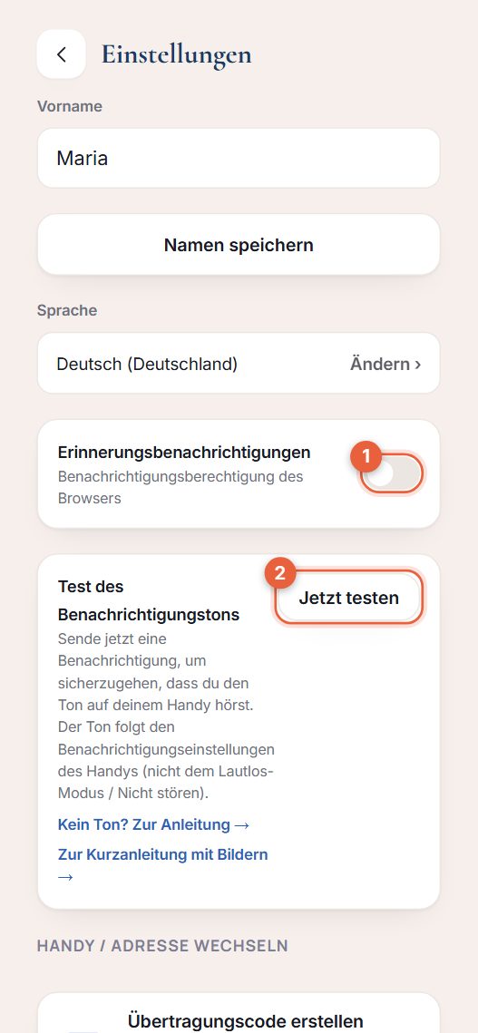 Einstellungsbildschirm mit dem Schalter für Erinnerungsbenachrichtigungen