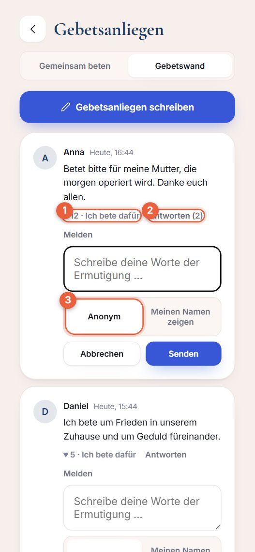 Eine Gebetsanliegen-Karte mit Antworten