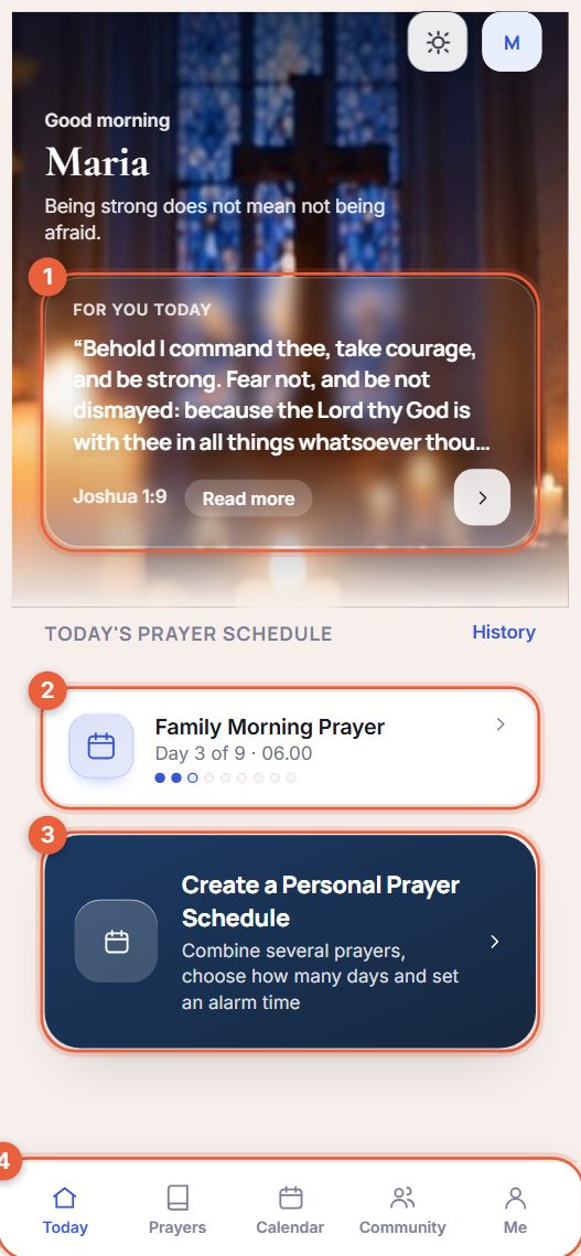 Example of the Today screen with four numbered parts