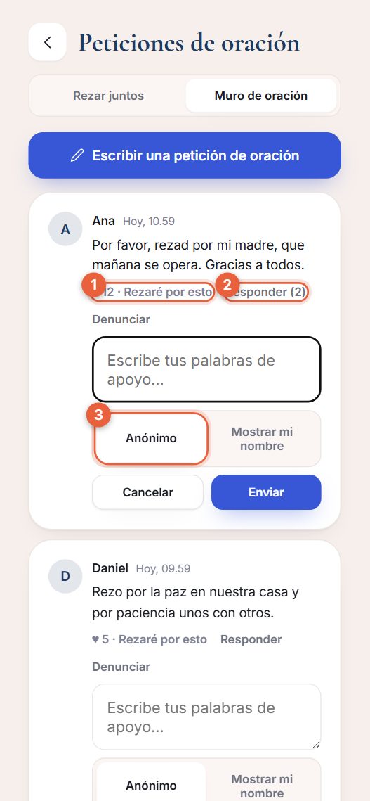 Una tarjeta de petición de oración con respuestas