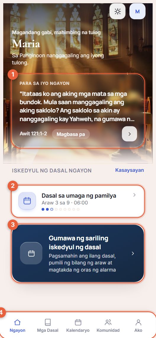 Halimbawa ng screen na Ngayon na may apat na may-numerong bahagi