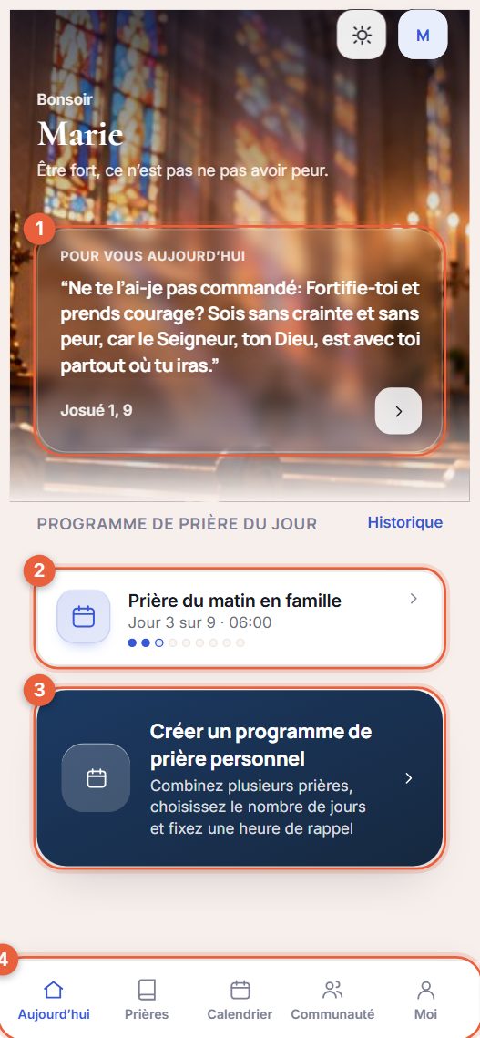 Exemple de l’écran Aujourd’hui avec quatre parties numérotées