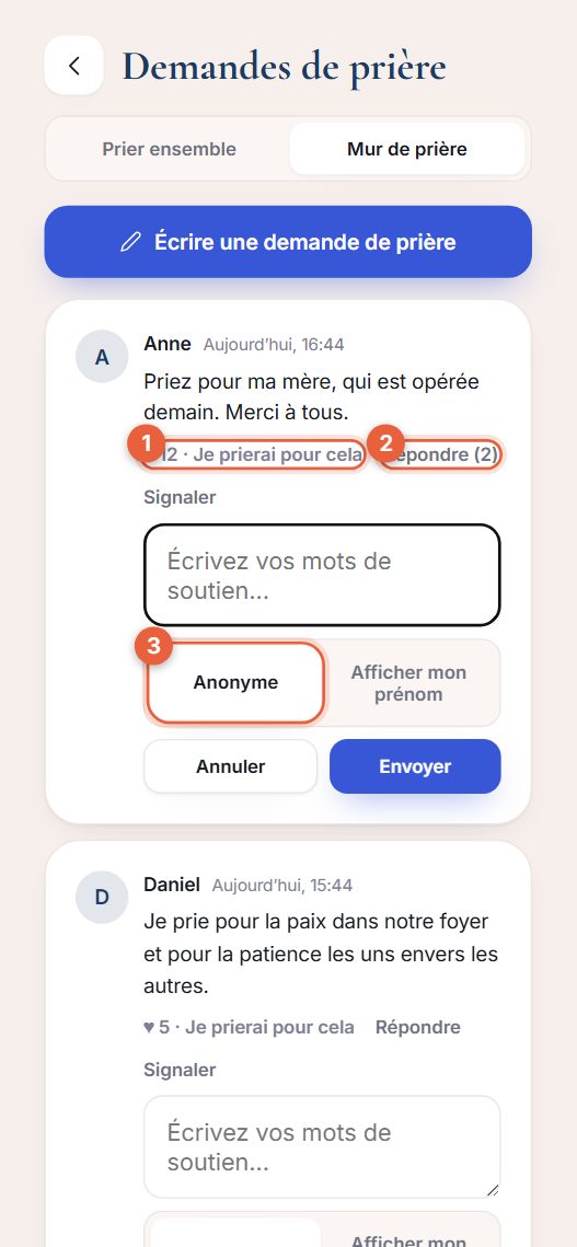 Une carte de demande de prière avec des réponses