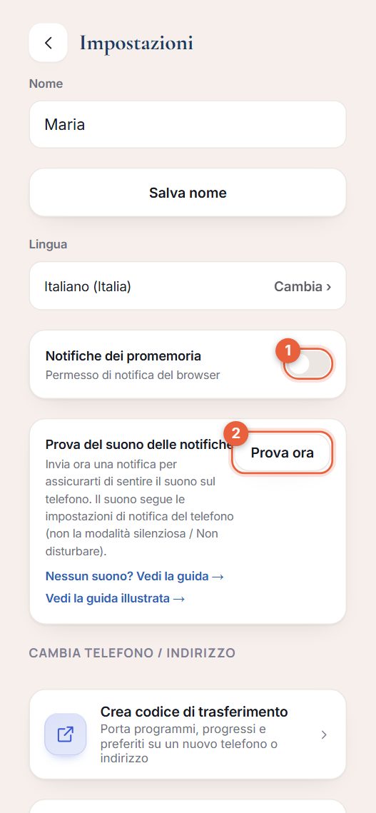 Schermata Impostazioni con l’interruttore delle Notifiche dei promemoria