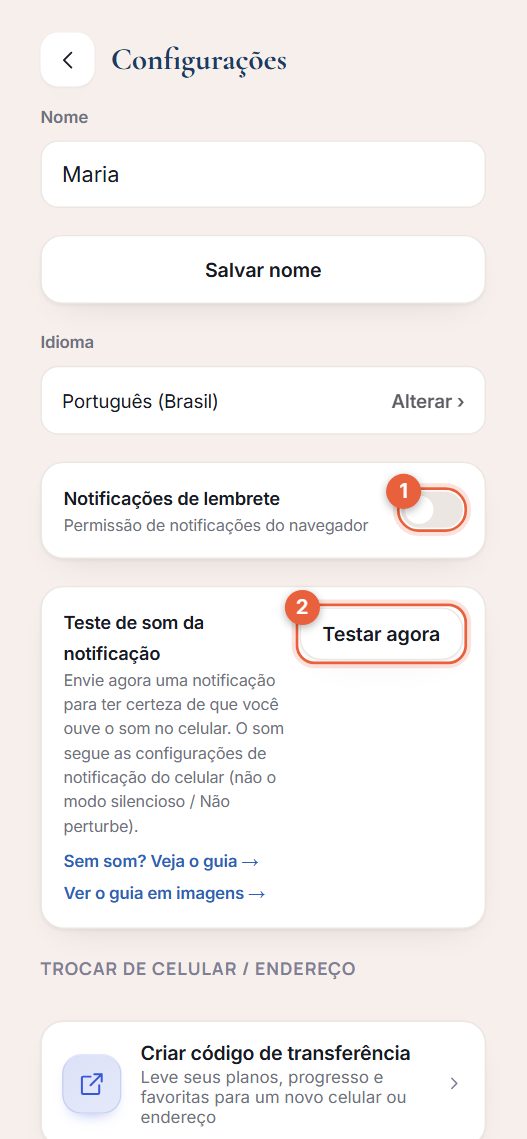 Tela de Configurações com o interruptor de Notificações de lembrete