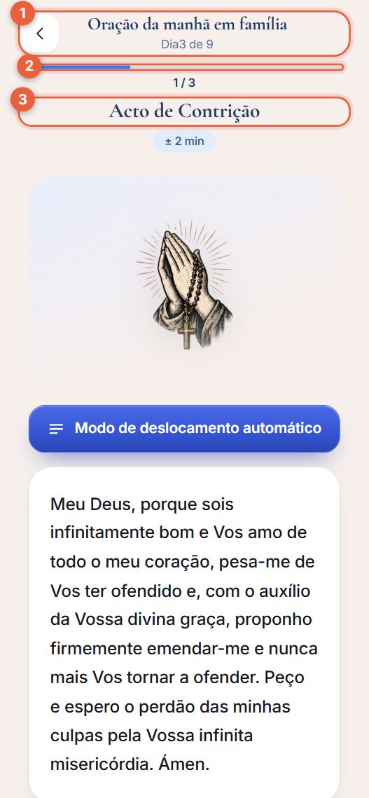 Orações numa sequência com uma barra de progresso no topo