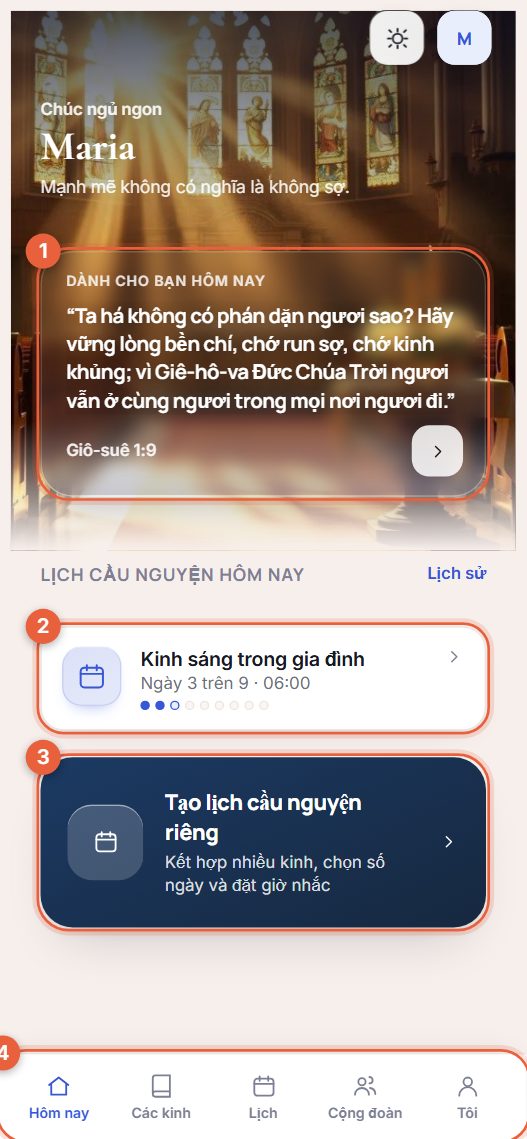 Ví dụ màn hình Hôm nay với bốn phần được đánh số