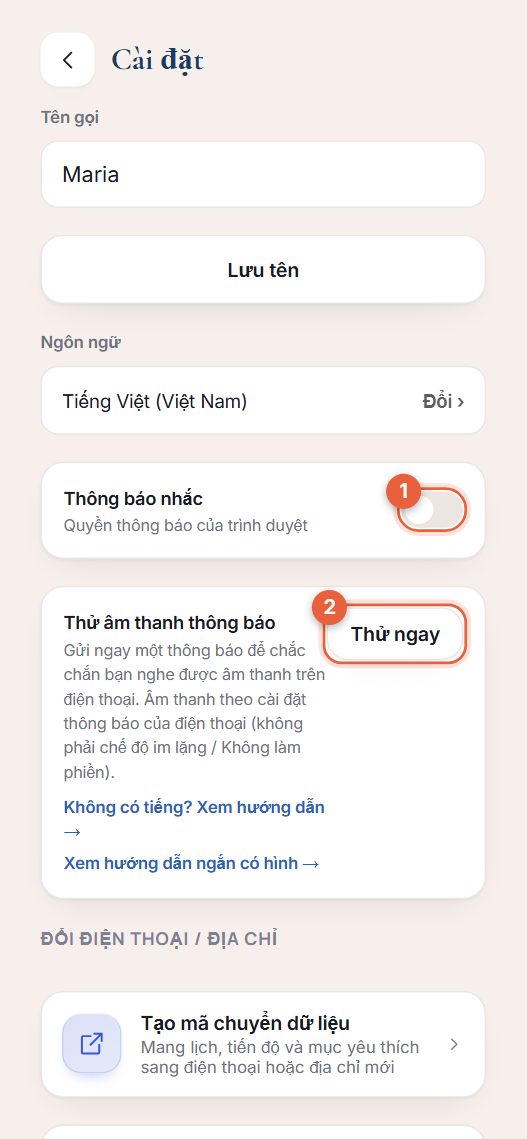 Màn hình cài đặt với công tắc Thông báo nhắc