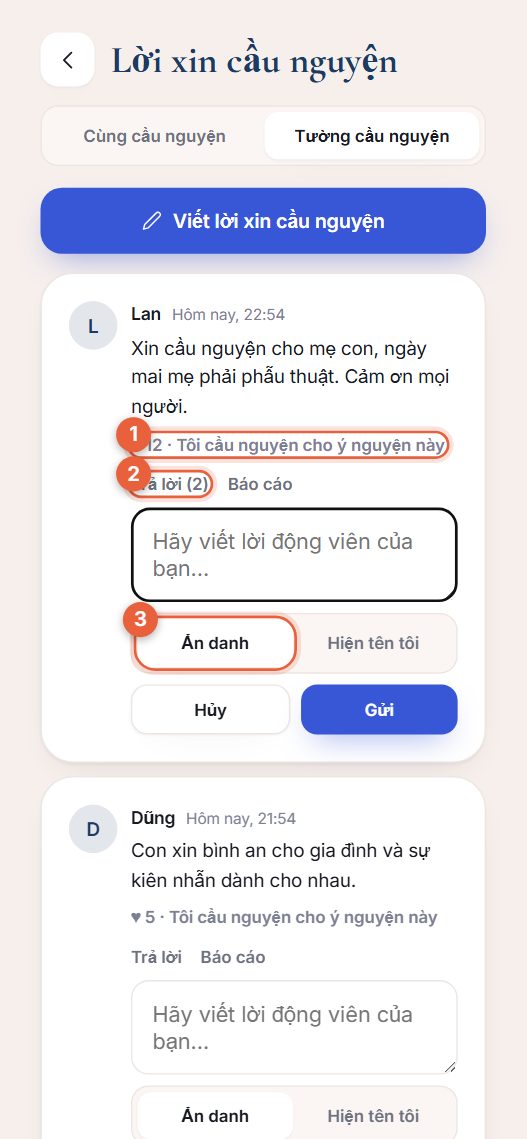 Một thẻ lời xin cầu nguyện kèm các phản hồi